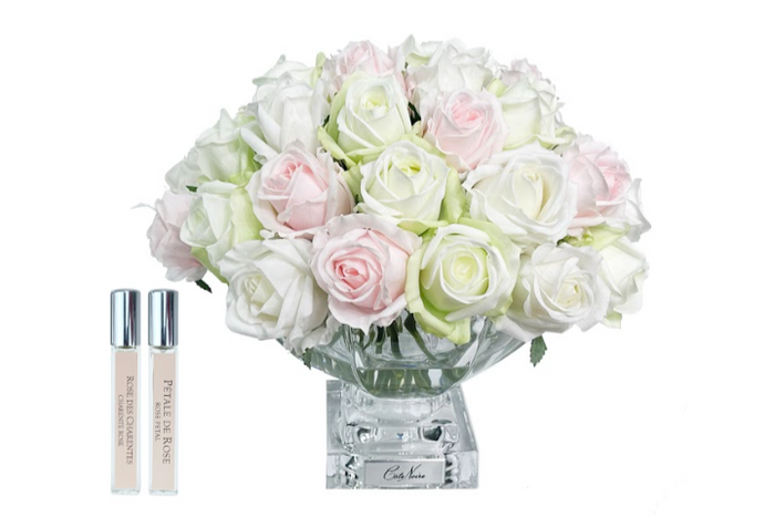 Côte Noire ** NEW ** Cote Noire Luxury Centrepiece 37 Rose Bud Bouquet - Pink Green & White - Silver Badge - CPRB13