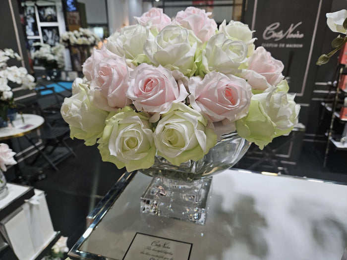 Côte Noire ** NEW ** Cote Noire Luxury Centrepiece 37 Rose Bud Bouquet - Pink Green & White - Silver Badge - CPRB13