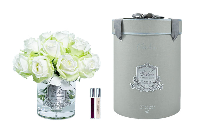 côte noire ** NEW ** Cote Noire Luxury Grand Rose Bud Bouquet White & Green - Silver Badge - LRB12