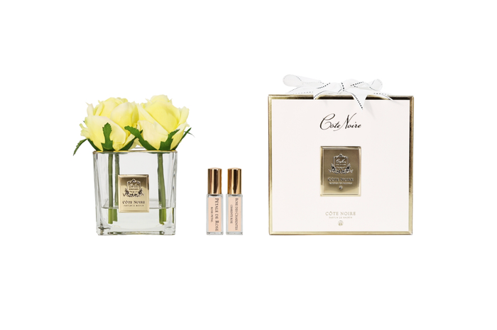côte noire ** NEW - LIMITED ** Cote Noire Couture 4 Rose Buds - Square Clear Vase - Gold & Yellow - SVC408