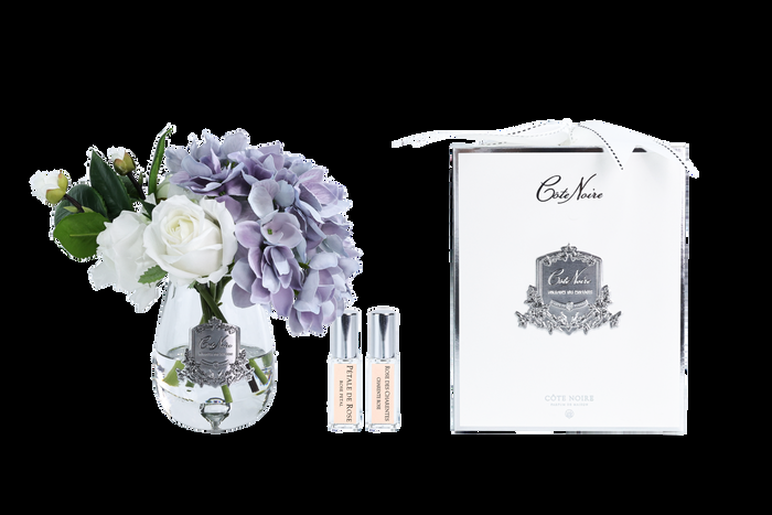 côte noire NEW -Tea Rose & Hydrangeas Bouquet - Clear -Blue & White - TRH05