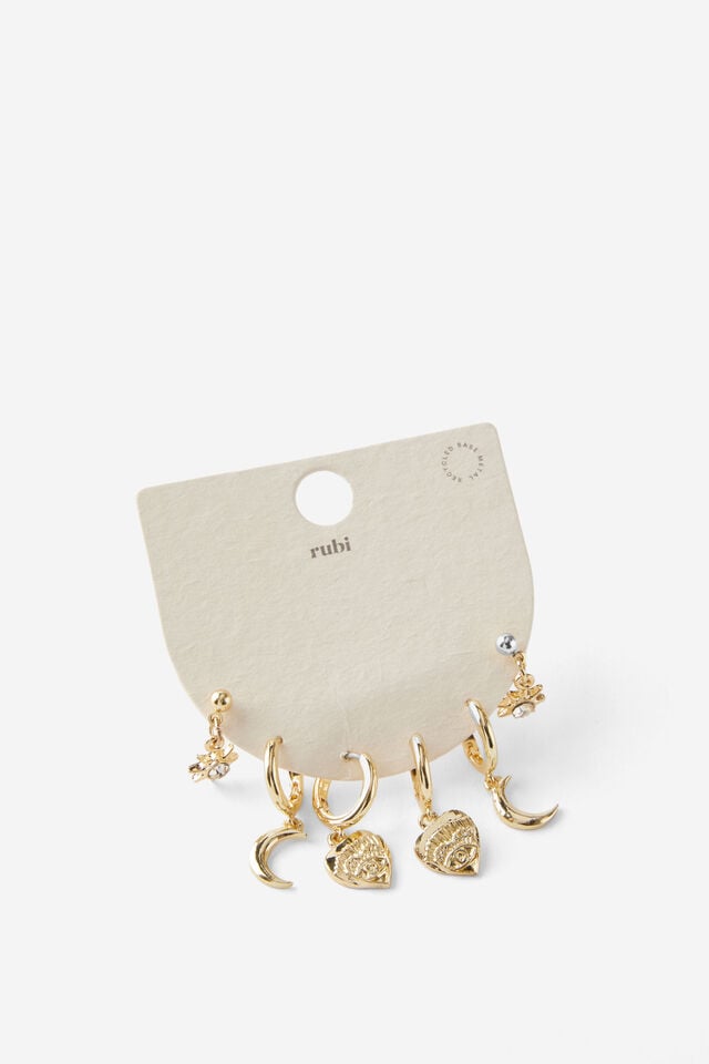 Cotton On 3Pk Mid Earring Up Celestial Multi Charm Gold