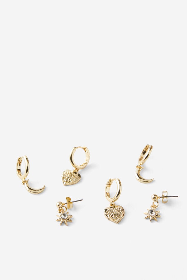 cotton on 3Pk Mid Earring up celestial multi charm gold