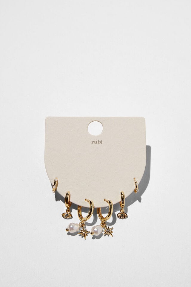 Cotton On 3Pk Mid Earring Up Gold Pearl Eye Celestial