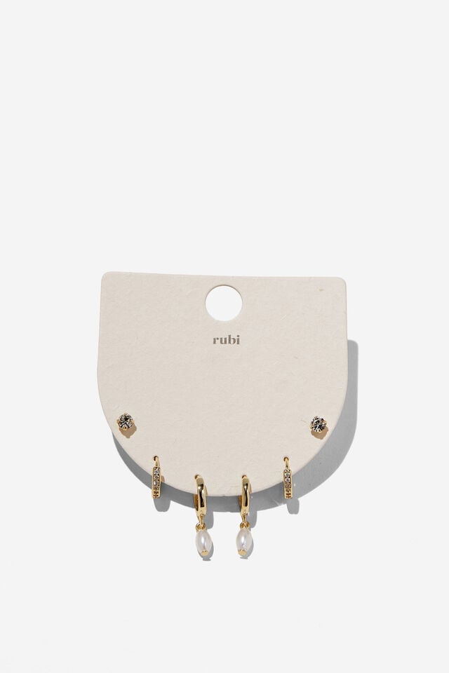 Cotton On 3Pk Small Earring Up Gold Fine Pearl Diamante