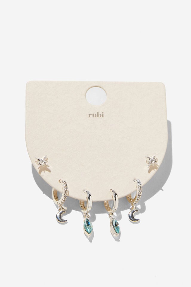 Cotton On 3Pk Small Earring Up Silver Dia Aqua Moon