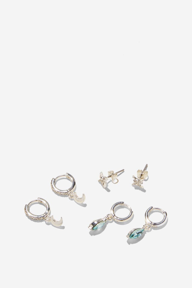 cotton on 3Pk Small Earring up silver dia aqua moon