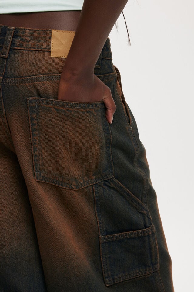 Cotton On 91 Baggy Denim Jort Carpenter Y2k Washed Brown
