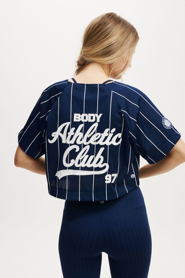 Cotton On Active Mesh Raglan Graphic Tee White/heritage Blue Stripe