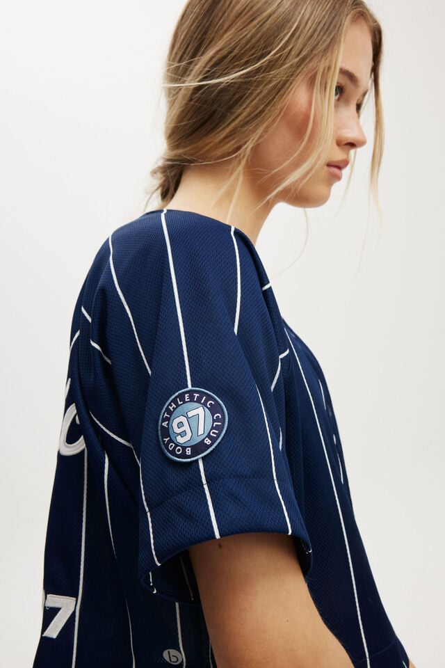 Cotton On Active Mesh Raglan Graphic Tee White/heritage Blue Stripe