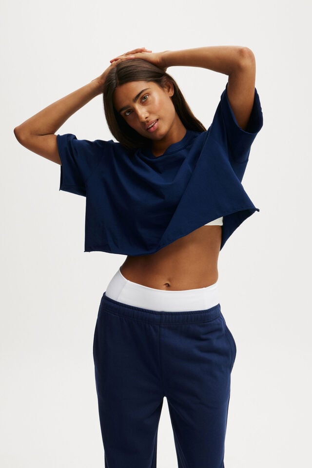 Cotton On Active Relaxed Cropped Tshirt Heritage Blue/coconut Milk