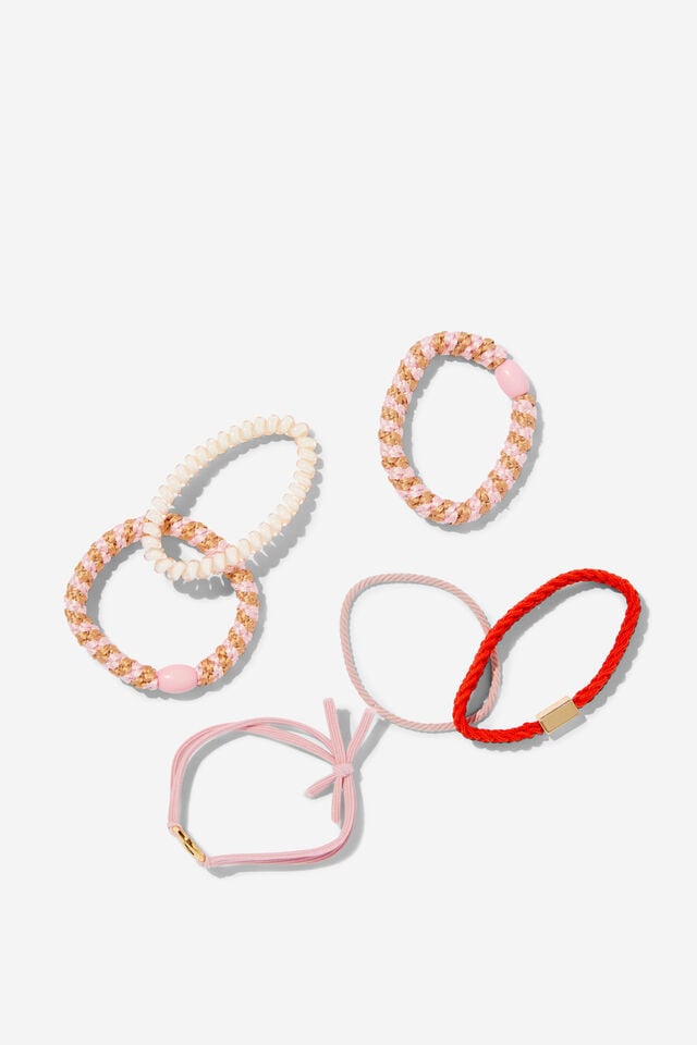 Cotton On All Tied Up Hair Tie Pack Pink Red/metallic