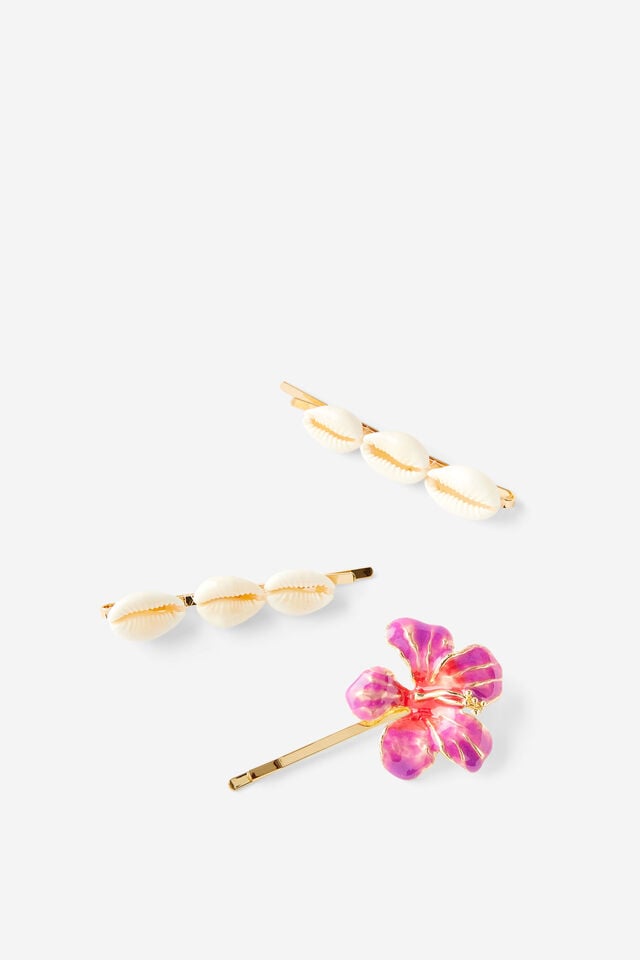 cotton on Amelia Hair Clip pink hibiscus/cowrie shell gold