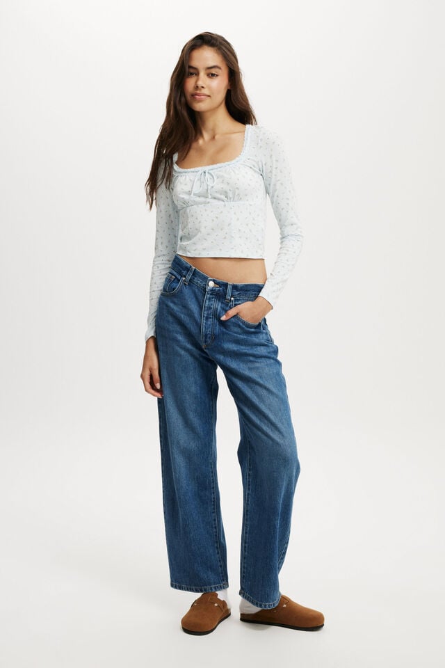 Cotton On Annie Lace Tie Long Sleeve Sophia Ditsy Sea Mist