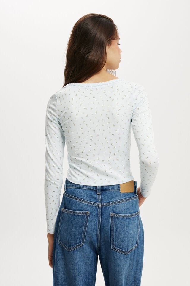 Cotton On Annie Lace Tie Long Sleeve Sophia Ditsy Sea Mist