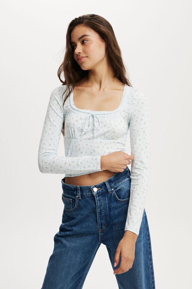 cotton on Annie Lace Tie Long Sleeve sophia ditsy sea mist
