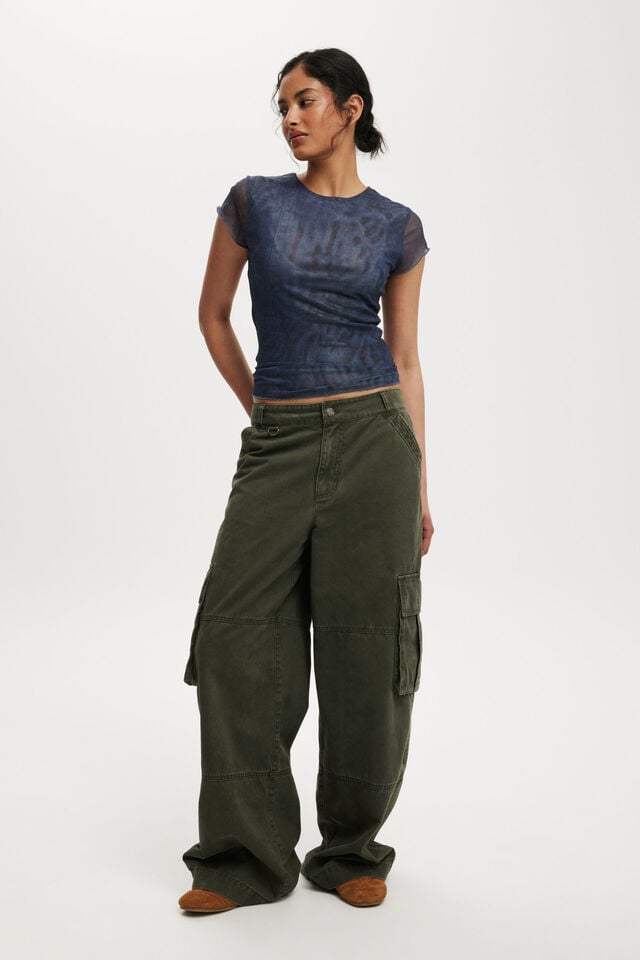 Cotton On Ashley Mesh Short Sleeve Top Printed Denim Seam