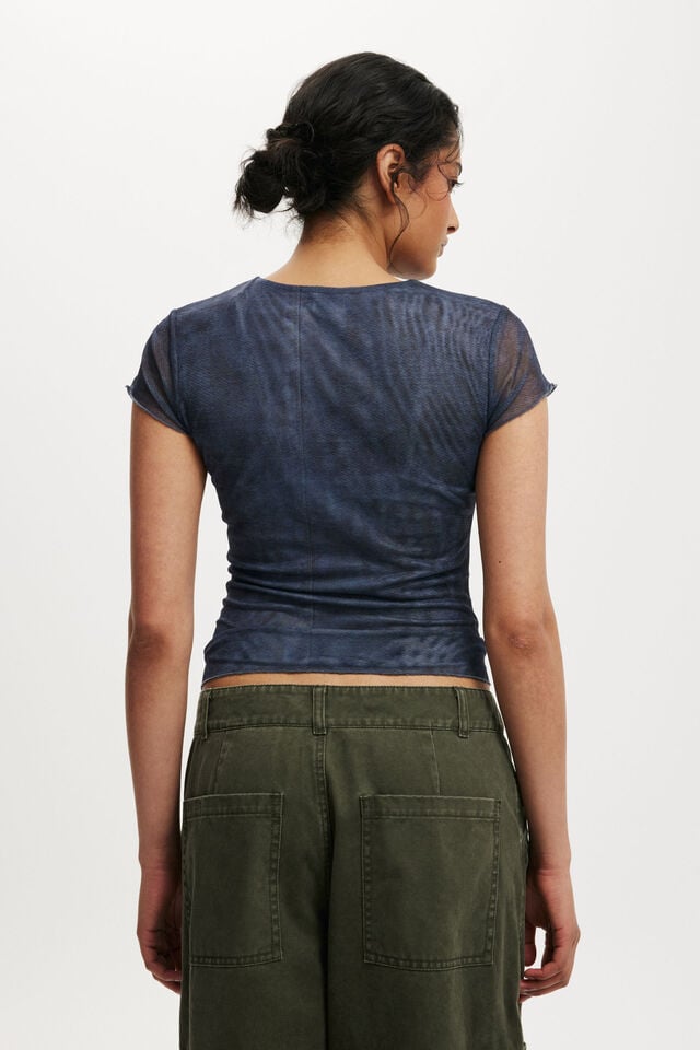 Cotton On Ashley Mesh Short Sleeve Top Printed Denim Seam