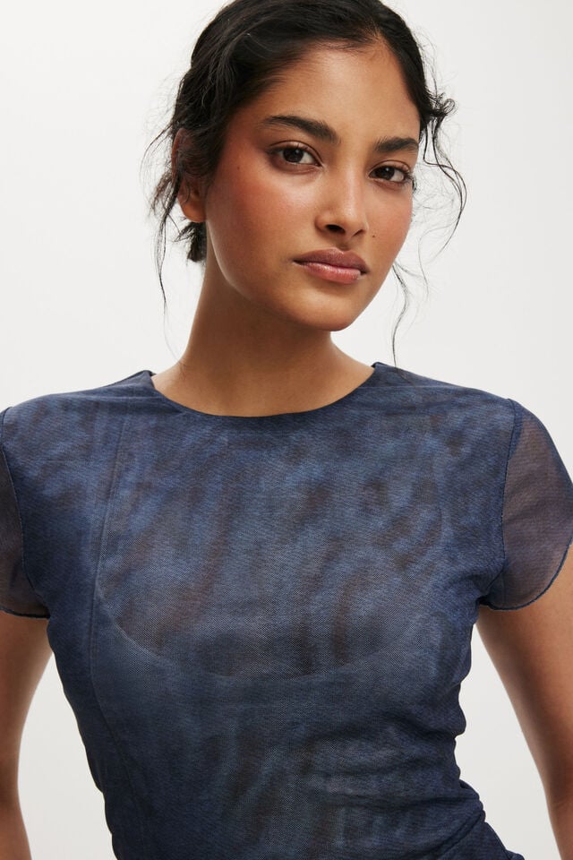 Cotton On Ashley Mesh Short Sleeve Top Printed Denim Seam