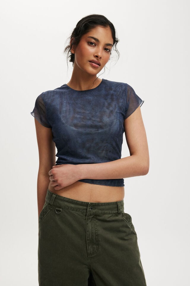 cotton on Ashley Mesh Short Sleeve Top printed denim seam