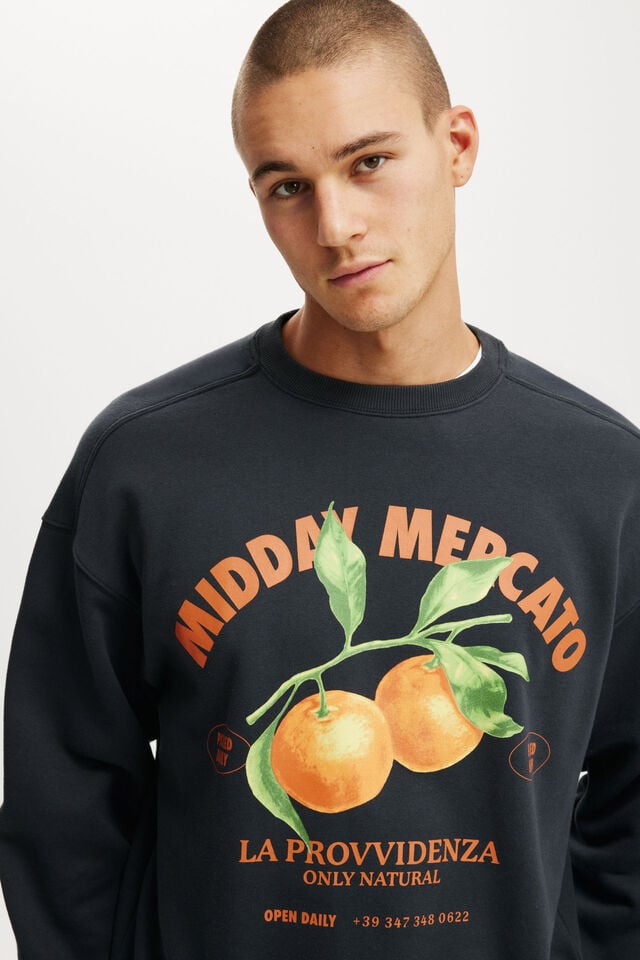 Cotton On Box Fit Graphic Crew Sweater Washed Black / Midnight Mercato