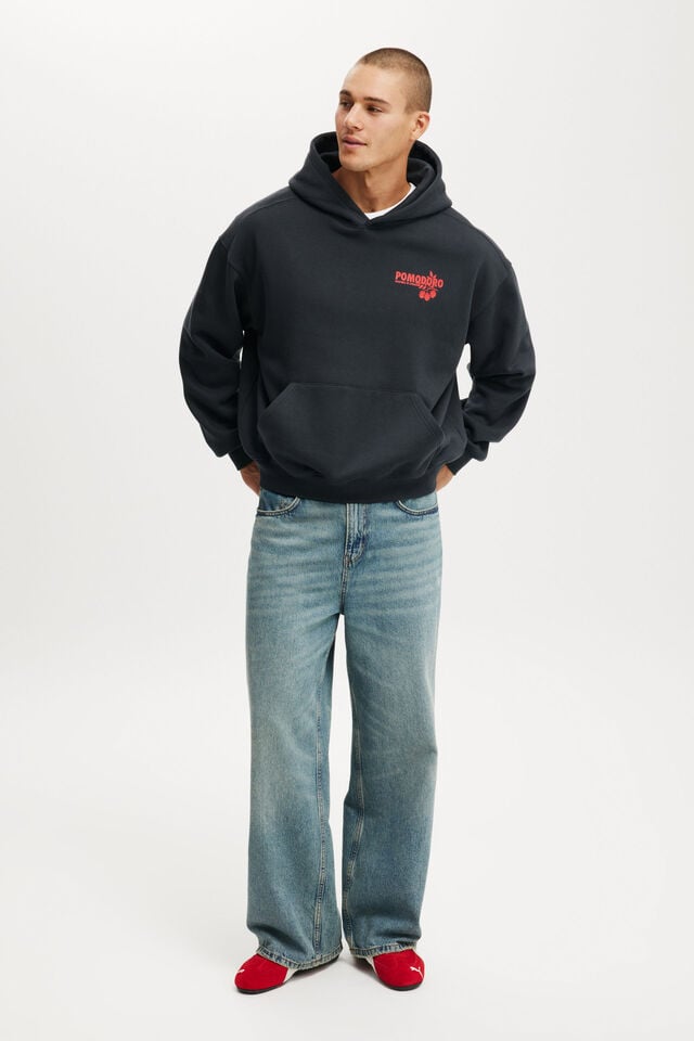 Cotton On Box Fit Graphic Hoodie Washed Black / Pomodoro