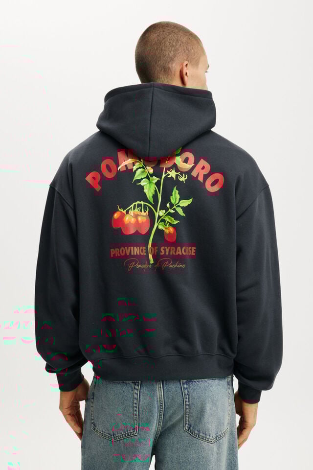 Cotton On Box Fit Graphic Hoodie Washed Black / Pomodoro