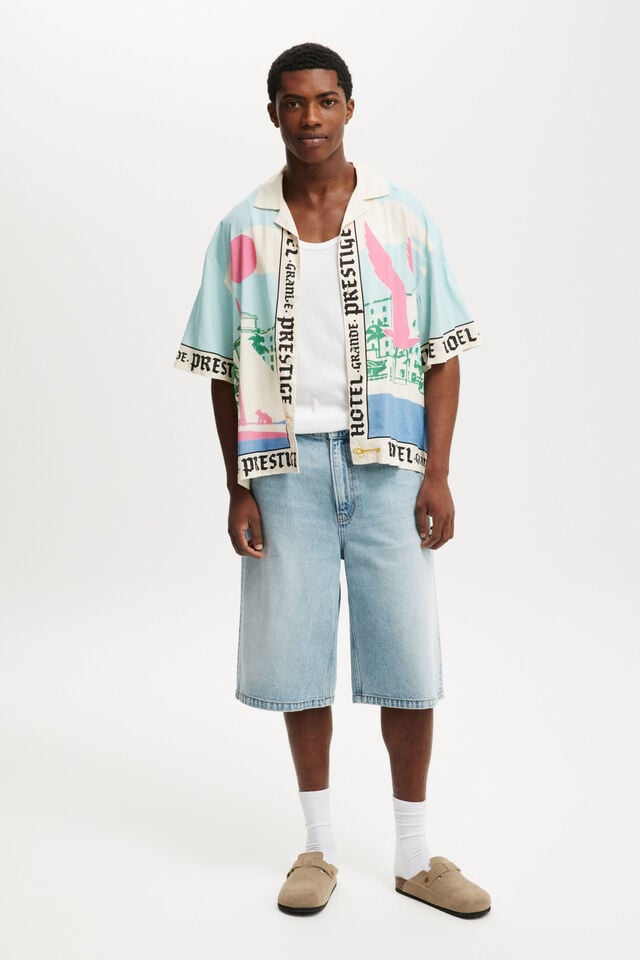 Cotton On Cabana Short Sleeve Shirt Blue Vacay Border Print