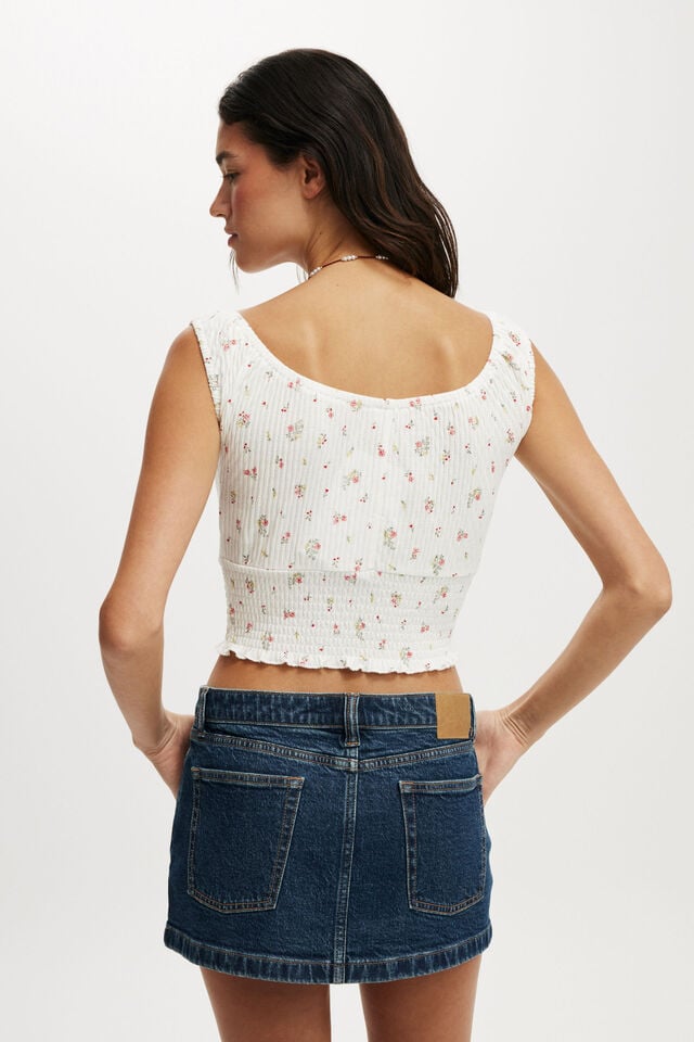 Cotton On Chloe Shirred Short Sleeve Top Millicent Ditsy Vintage White