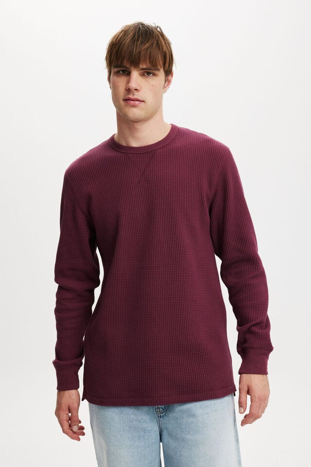 Cotton On Chunky Waffle Long Sleeve Tshirt Burgandy Waffle