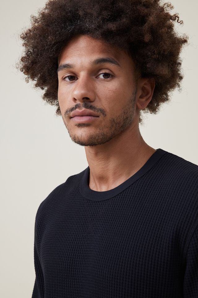 Cotton On Chunky Waffle Long Sleeve Tshirt Washed Black Waffle