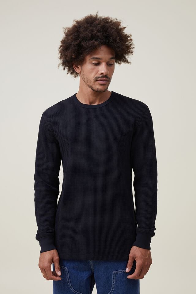 cotton on Chunky Waffle Long Sleeve Tshirt washed black waffle