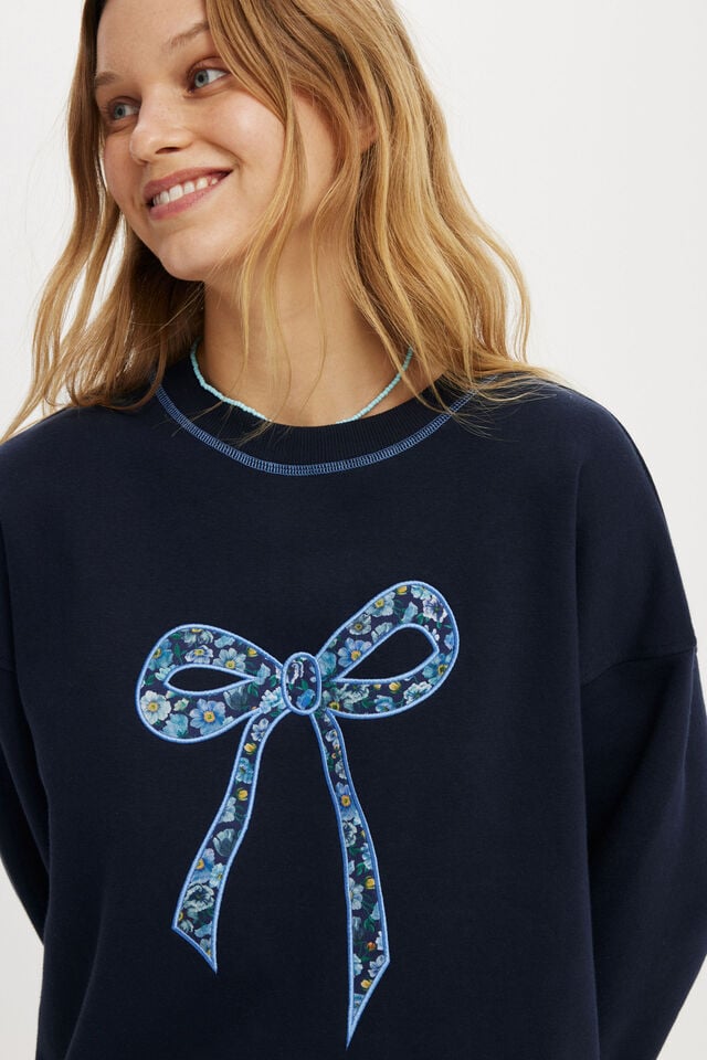 Cotton On Classic Crew With Liberty Fabric Graphic Bow/total Eclipse