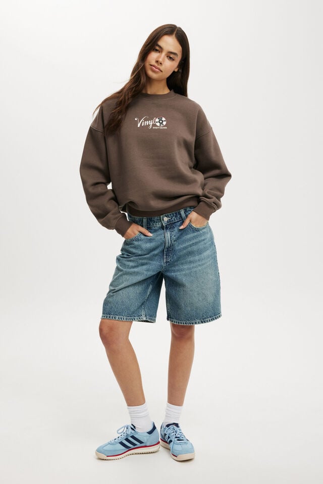 Cotton On Classic Fleece Graphic Crew Sweatshirt Vinyl Records/dark Truffle