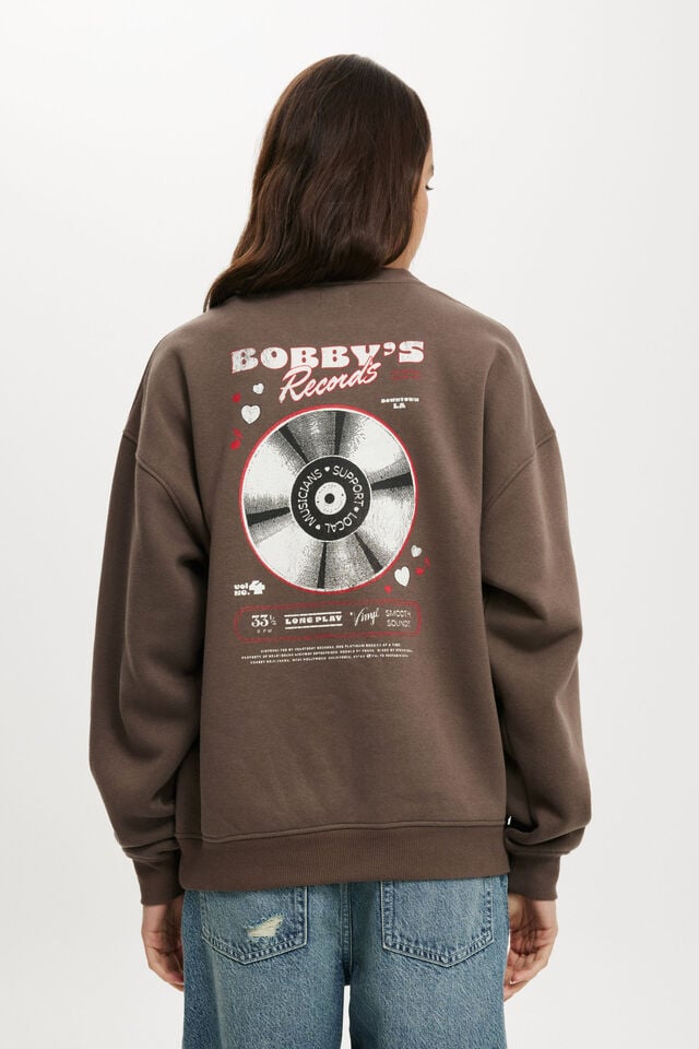 Cotton On Classic Fleece Graphic Crew Sweatshirt Vinyl Records/dark Truffle