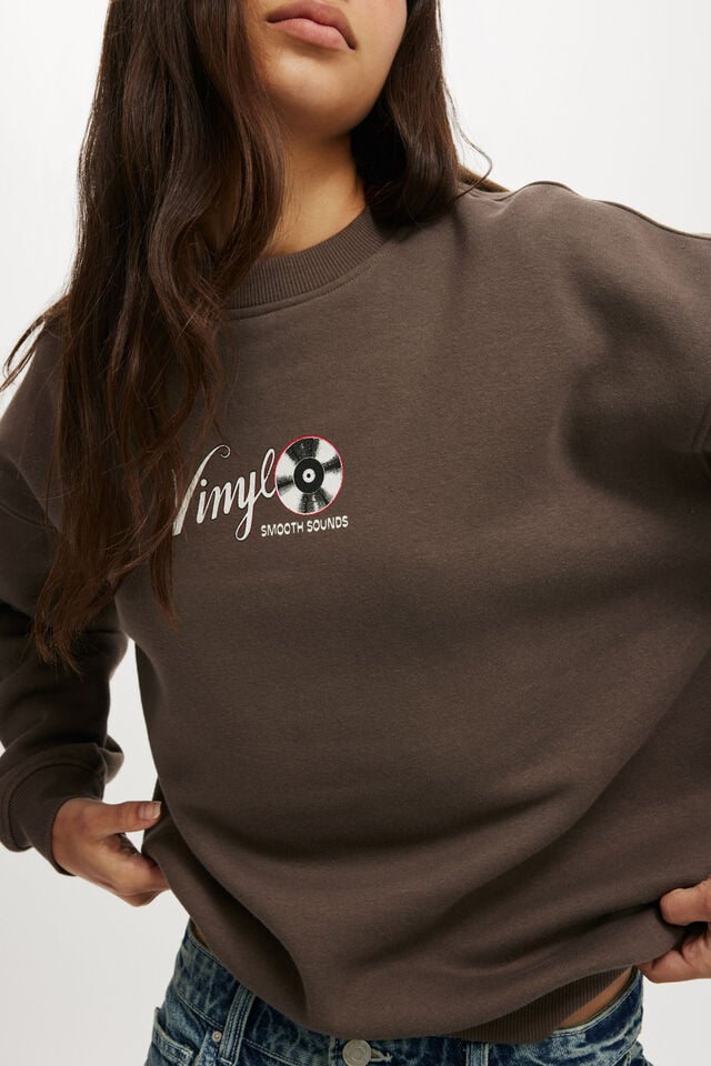 Cotton On Classic Fleece Graphic Crew Sweatshirt Vinyl Records/dark Truffle