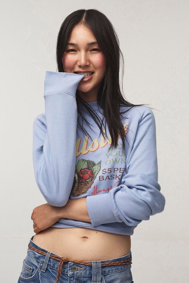 Cotton On Classic Fleece Graphic Raglan Crew Sweatshirt Hillside Produce/dusk Blue