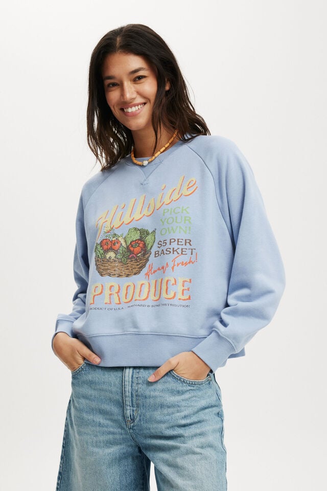 Cotton On Classic Fleece Graphic Raglan Crew Sweatshirt Hillside Produce/dusk Blue