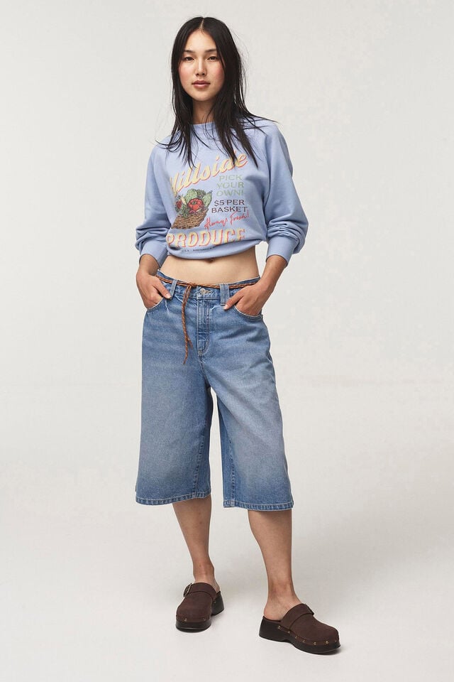 Cotton On Classic Fleece Graphic Raglan Crew Sweatshirt Hillside Produce/dusk Blue