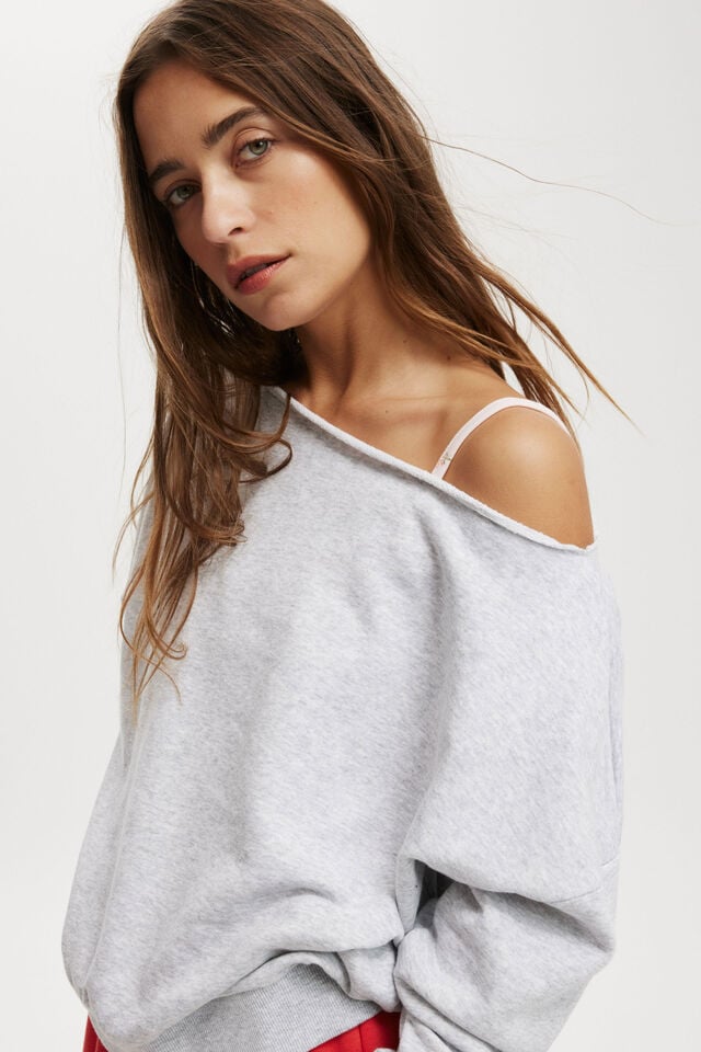 Cotton On Classic Fleece Off The Shoulder Sweatshirt Soft Grey Marle