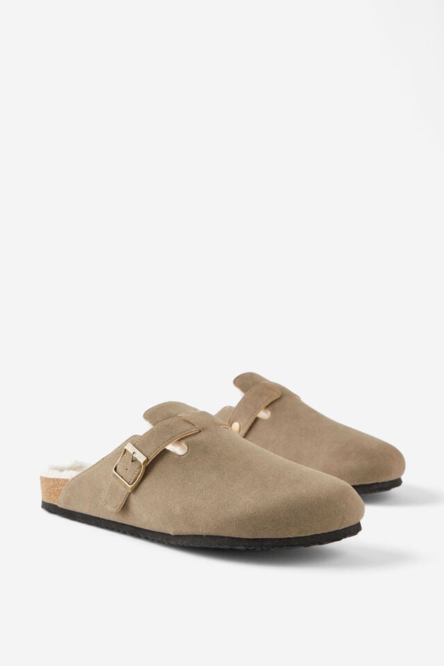 Cotton On Closed Toe Buckle Slide Taupe/cream Teddy