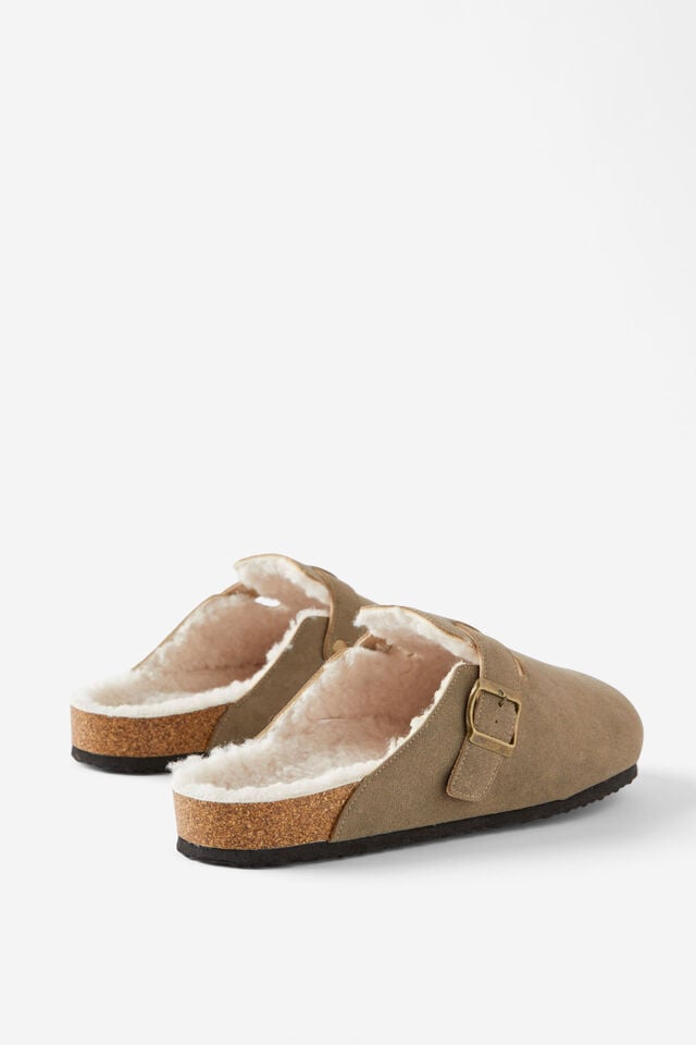 Cotton On Closed Toe Buckle Slide Taupe/cream Teddy