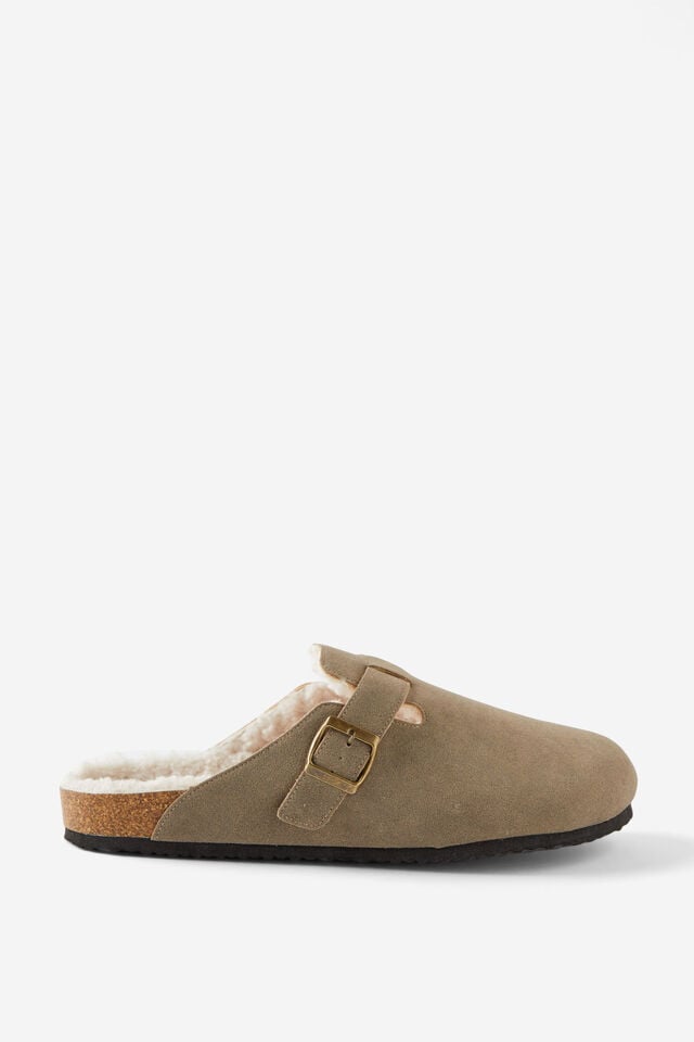 cotton on Closed Toe Buckle Slide taupe/cream teddy