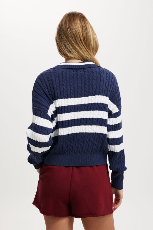 Cotton On Coco Cotton Long Sleeve Polo Oxford Blue Stripe