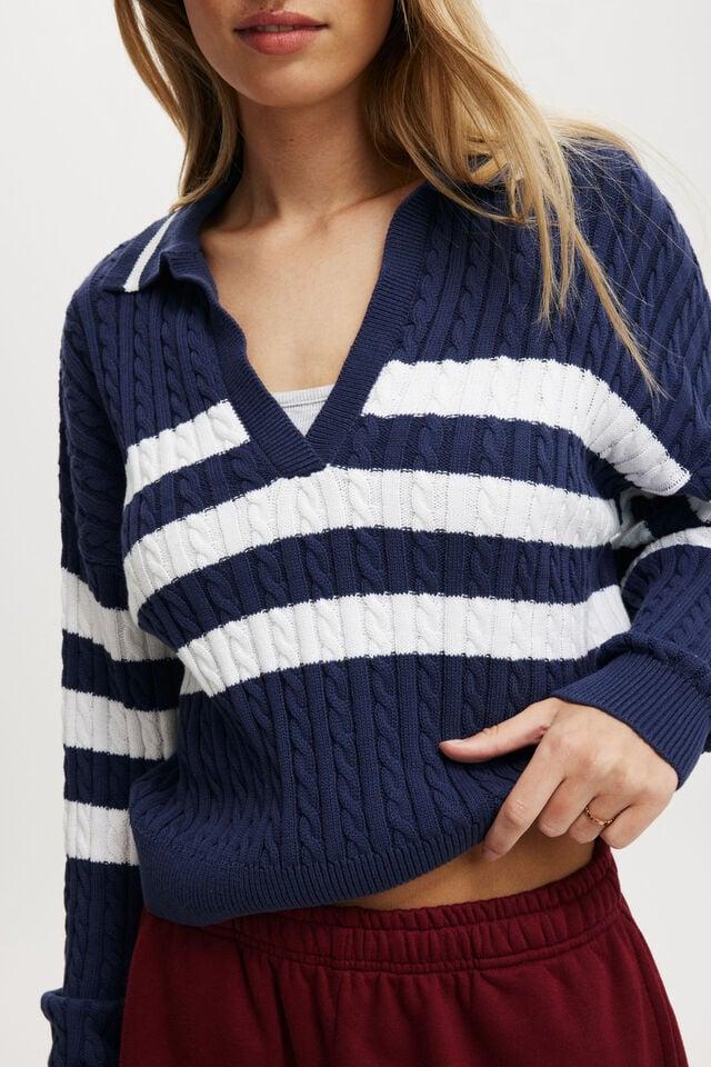 Cotton On Coco Cotton Long Sleeve Polo Oxford Blue Stripe