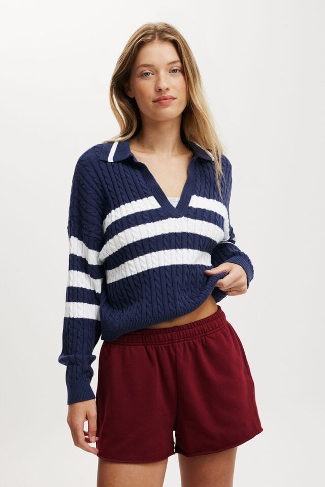 cotton on Coco Cotton Long Sleeve Polo oxford blue stripe