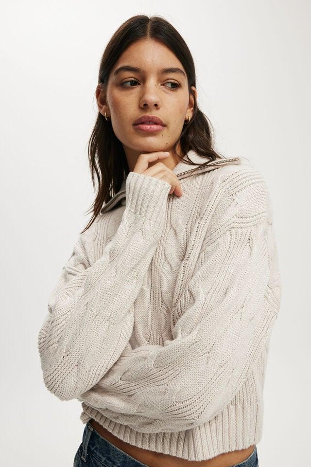 Cotton On Cotton Cable Half Zip Pullover Oatmeal Cable