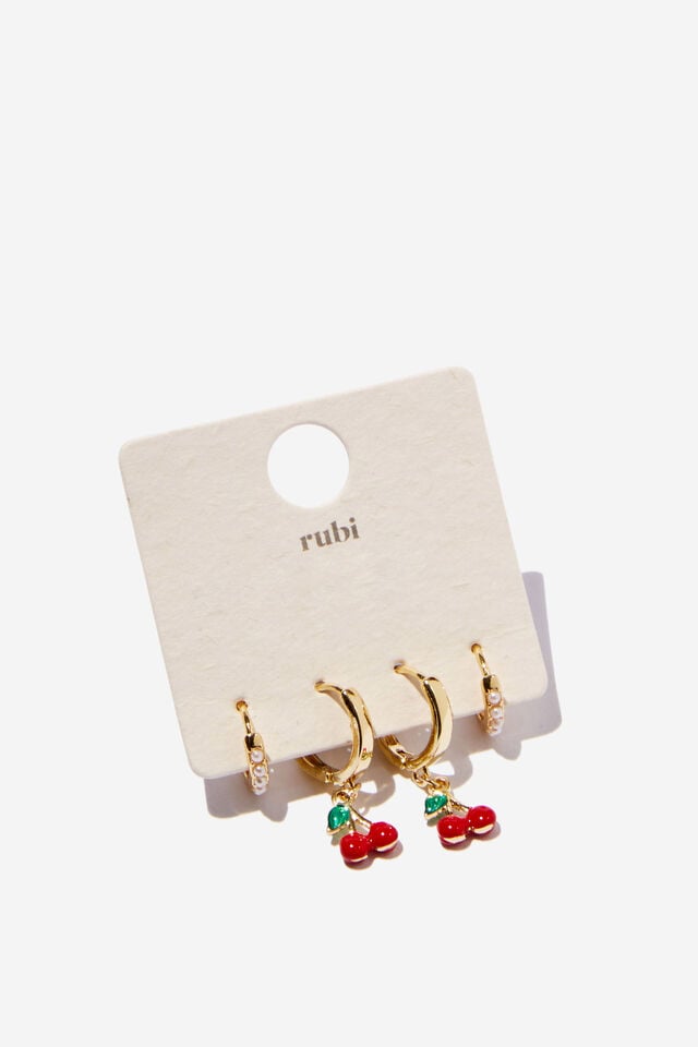 Cotton On 2Pk Mid Earring Up Gold Cherry Pearl