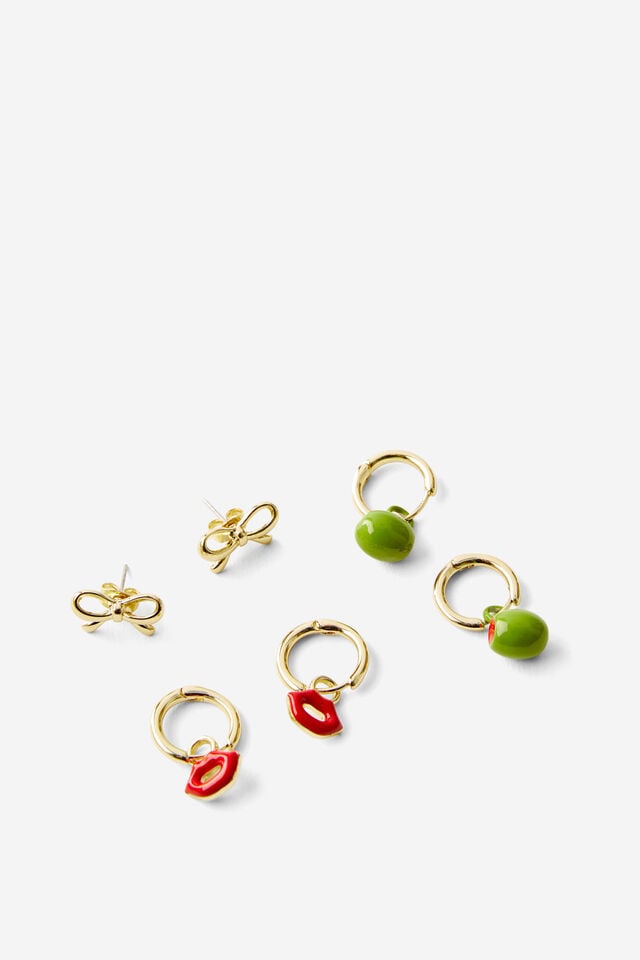 cotton on 3Pk Mid Earring up fruity charm gold