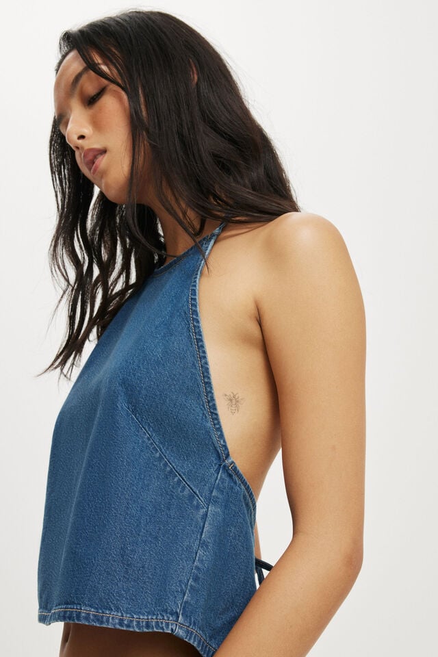 Cotton On Ali Denim Halter Top Ryder Blue